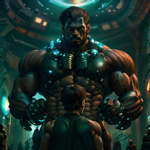 a man standing next to a woman in a room with a giant robot on it's back and a giant robot on his shoulder