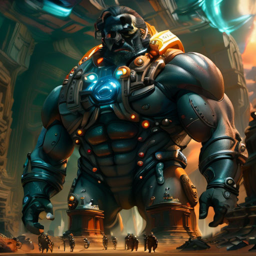 a giant robot with glowing eyes and a large body of armor in a futuristic setting with other people in the background