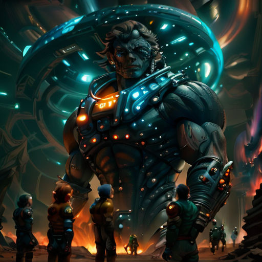 a man in a futuristic suit standing in front of a group of people in a futuristic setting with a huge robot like structure