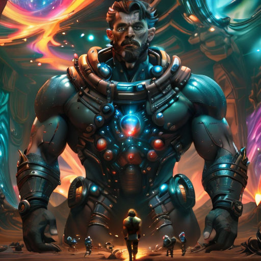 a man standing in front of a giant robot in a futuristic setting with a man standing next to him