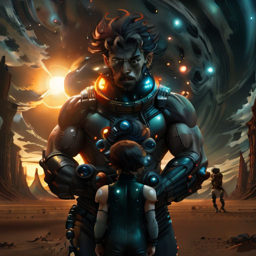 a man and a child standing in front of a giant alien creature with glowing eyes and a glowing body