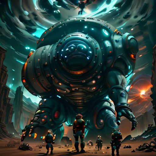 a giant robot with a bunch of people standing around it in a futuristic city with a giant robot in the middle of the picture