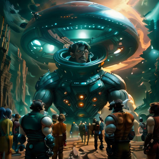 a group of people standing around a giant robot in a city at night time with a man in the center of the picture