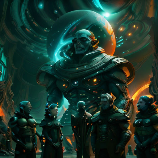 a group of people standing around a giant robot in a futuristic setting with glowing lights and a giant robot