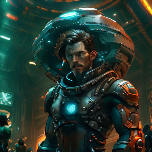 a man in a futuristic suit standing in a room with other people around him and a large helmet on his head