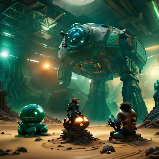 a group of people sitting on top of a sandy ground next to a giant robot in a futuristic setting