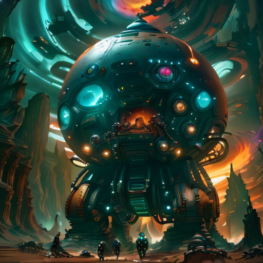 a futuristic looking building with a giant robot in the middle of it's floor and a man standing on the ground
