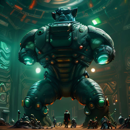 a large robot standing in a room with lots of people around it and a green light shining on the floor