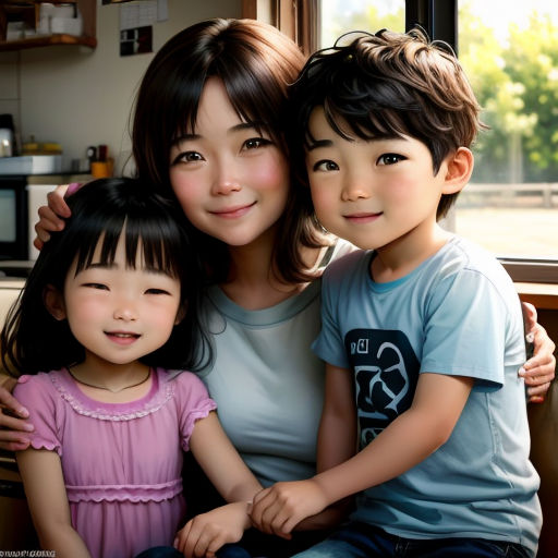 a woman and two children are posing for a picture together in a kitchen with a window behind them and a window behind them