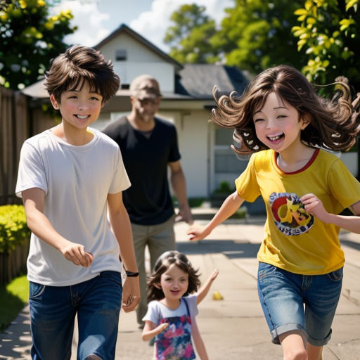 a group of kids running down a sidewalk with a man behind them and a woman behind them holding hands