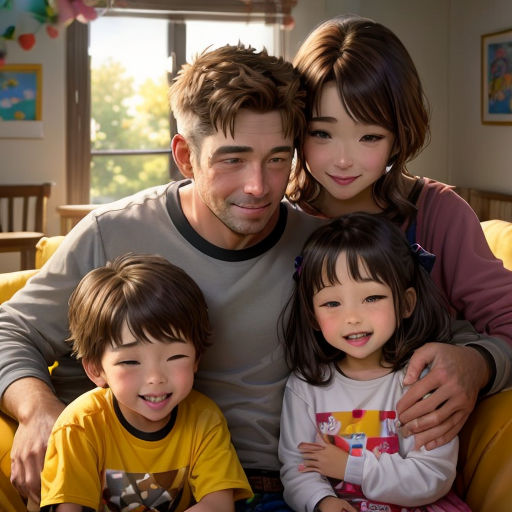 a man and two children sitting on a couch together with a woman and two children in front of them