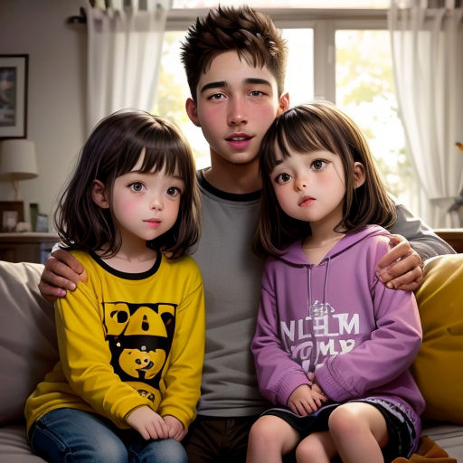 a man and two children sitting on a couch together, posing for a picture with their arms around each other