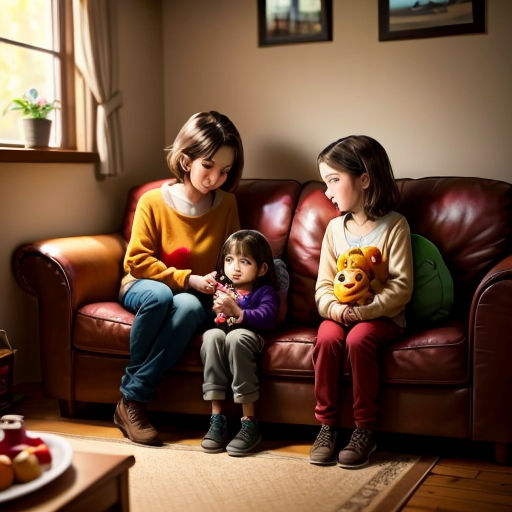 two girls sitting on a couch with a teddy bear and a little girl sitting on the couch with a teddy bear