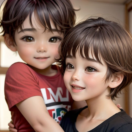 two children are posing for a picture together, one is holding the other's arm around the other