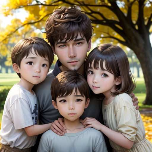 a family of four posing for a picture in a park with fall leaves on the ground and trees in the background