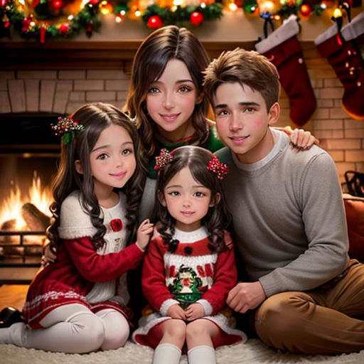 a family posing for a christmas photo in front of a fireplace with stockings and stockings on the mantle and stockings