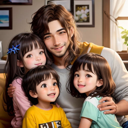 a man sitting with two children on a couch in a living room next to a window and a plant