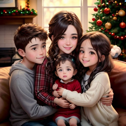 a family of three sitting on a couch in front of a christmas tree with a christmas tree in the background