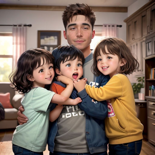 a man standing with three children in a kitchen together, with a woman standing behind him and a man standing behind him