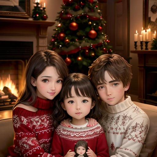 a family posing for a picture in front of a christmas tree with a christmas tree in the background and a lit fireplace
