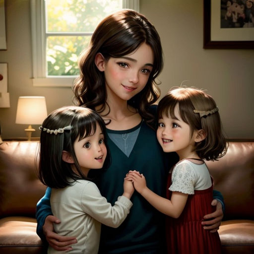 a woman and two children standing next to each other in front of a couch with a window in the background