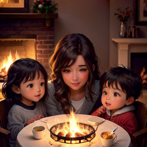 a woman and two children sitting at a table with a lit candle in front of them on a christmas day