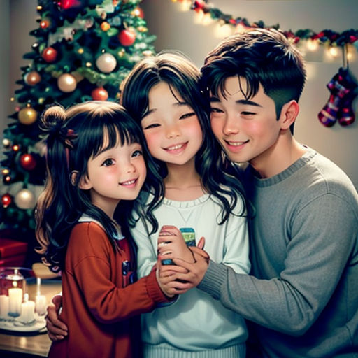 a couple of kids hugging each other in front of a christmas tree with a christmas tree in the background