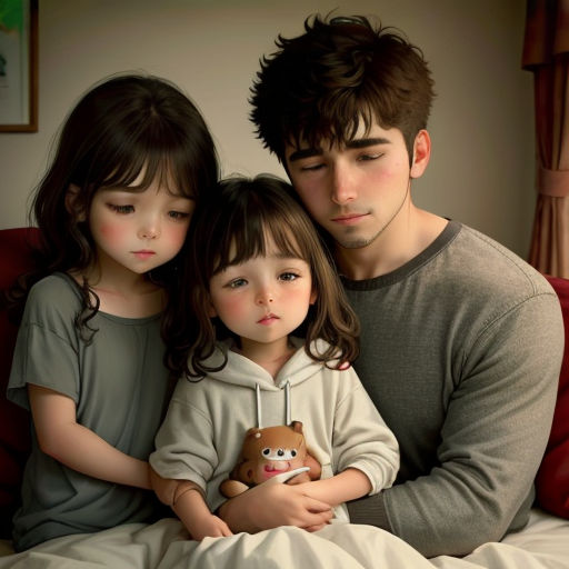 a man and two children sitting on a bed together, one holding a teddy bear and the other holding a stuffed animal