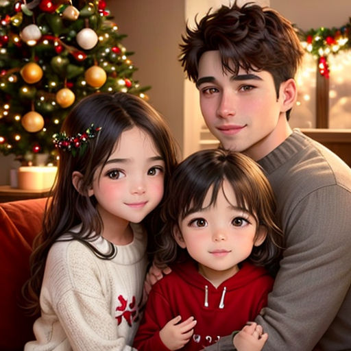 a man and two children are posing for a picture in front of a christmas tree with a christmas tree in the background