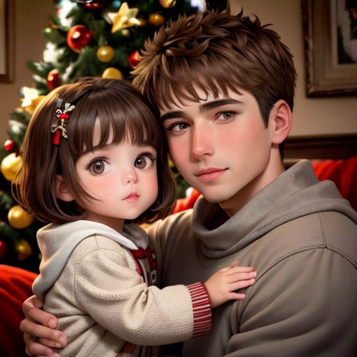 a young man and woman are hugging in front of a christmas tree with a christmas tree in the background