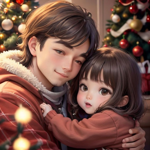 a man and a little girl hugging in front of a christmas tree with a christmas tree in the background