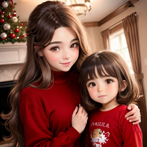 a woman and a child are posing for a picture in front of a christmas tree and a fireplace with a christmas tree in the background