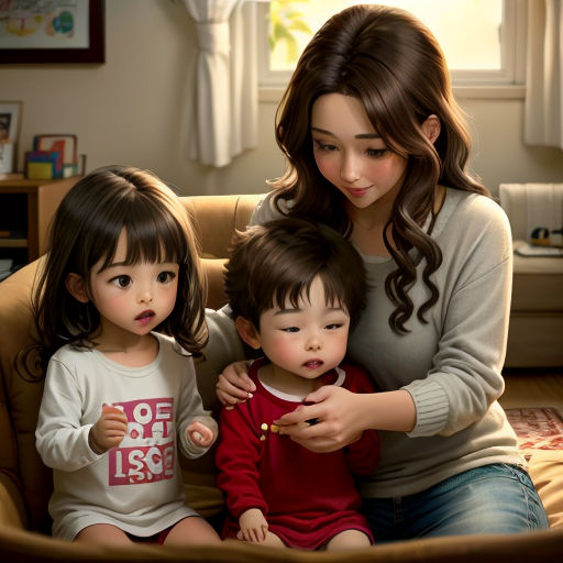 a woman sitting on a couch with two children and a baby in her lap, both holding a baby