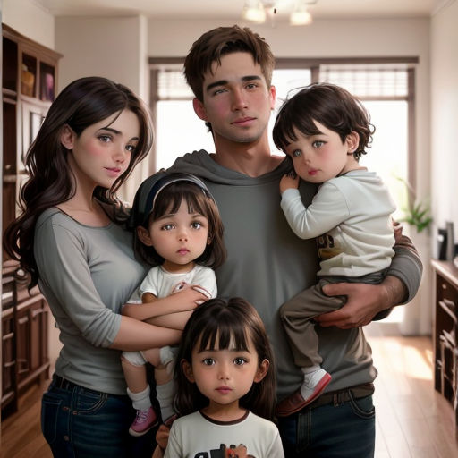 a man and two women holding two children in a kitchen with a man holding a baby and two children