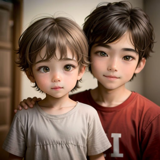 two young boys are posing for a picture together, one is wearing a red shirt and the other is a brown shirt