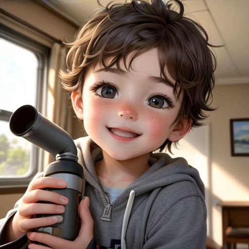 a young boy holding a camera and a camera lens in his hands and smiling at the camera man's face