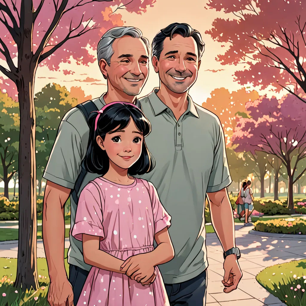 a man and a little girl standing next to each other in a park with trees and flowers in the background, american realism, a storybook illustration, Adam Dario Keel, comic cover art