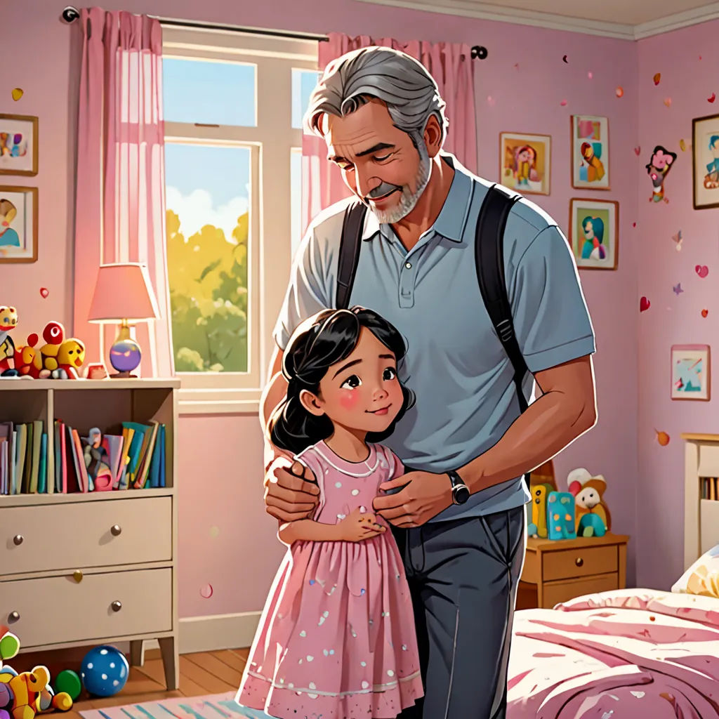 a man and a little girl in a pink bedroom with a pink wall and a pink bed with pink sheets, american scene painting, a storybook illustration, Cliff Childs, storybook illustration