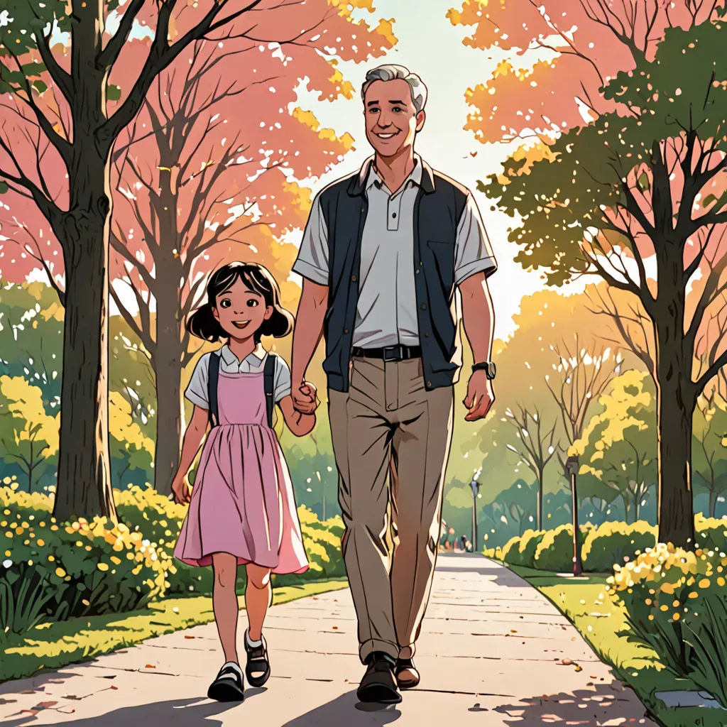 a man and a little girl walking down a sidewalk in a park with trees and flowers on either side, american scene painting, a storybook illustration, David Park, official art