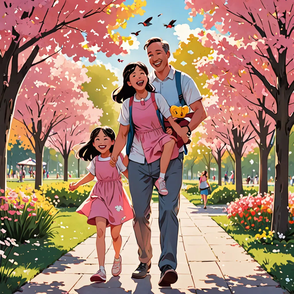 a man and a woman walking down a sidewalk with a child in her arms and a bird flying above them, american realism, a storybook illustration, David Park, official art
