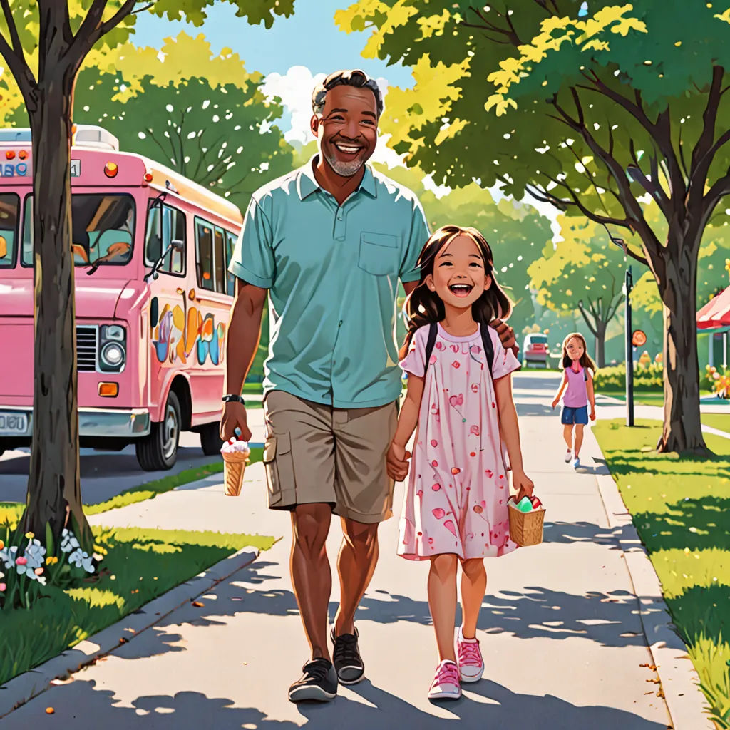 a man and a little girl walking down a sidewalk with a pink bus in the background and a pink bus in the foreground, american scene painting, a storybook illustration, Chris LaBrooy, book cover