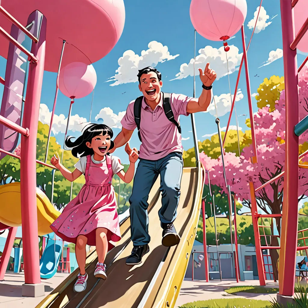 a man and a little girl are walking on a slide in a park with pink trees and pink flowers, american scene painting, a storybook illustration, Chris LaBrooy, rossdraws global illumination