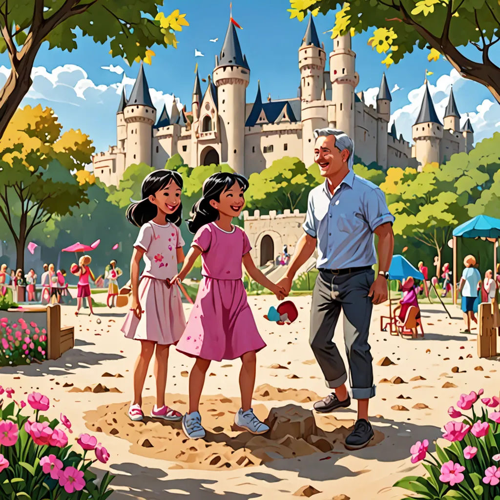 a man and two little girls holding hands in front of a castle with pink flowers and trees in the foreground, american scene painting, a storybook illustration, disney, official art