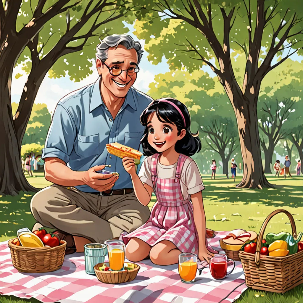 a man and a little girl sitting on a blanket in the park with a picnic basket and a basket of fruit, american realism, a storybook illustration, Cliff Childs, storybook illustration