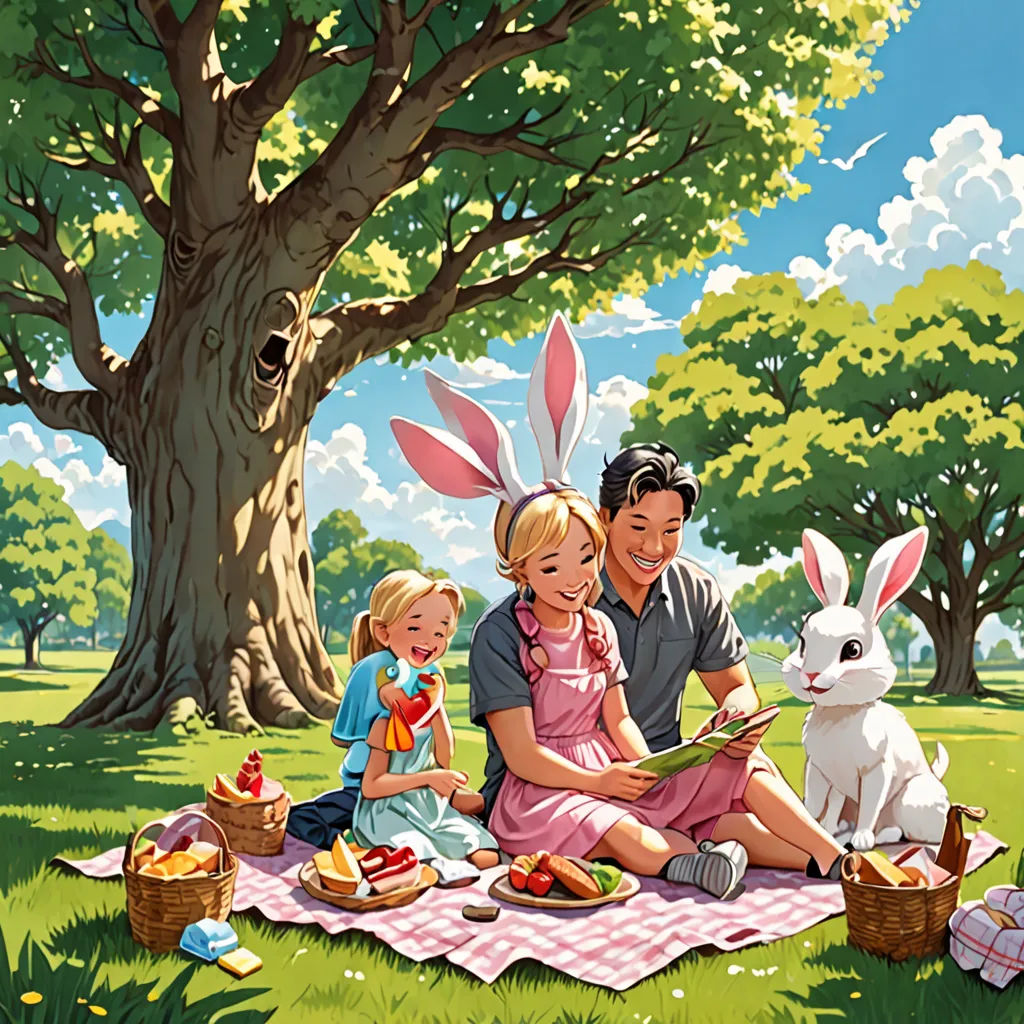 a man and two children sitting on a blanket in the grass with a bunny and a dog in front of them, american scene painting, a storybook illustration, Colin Middleton, official art