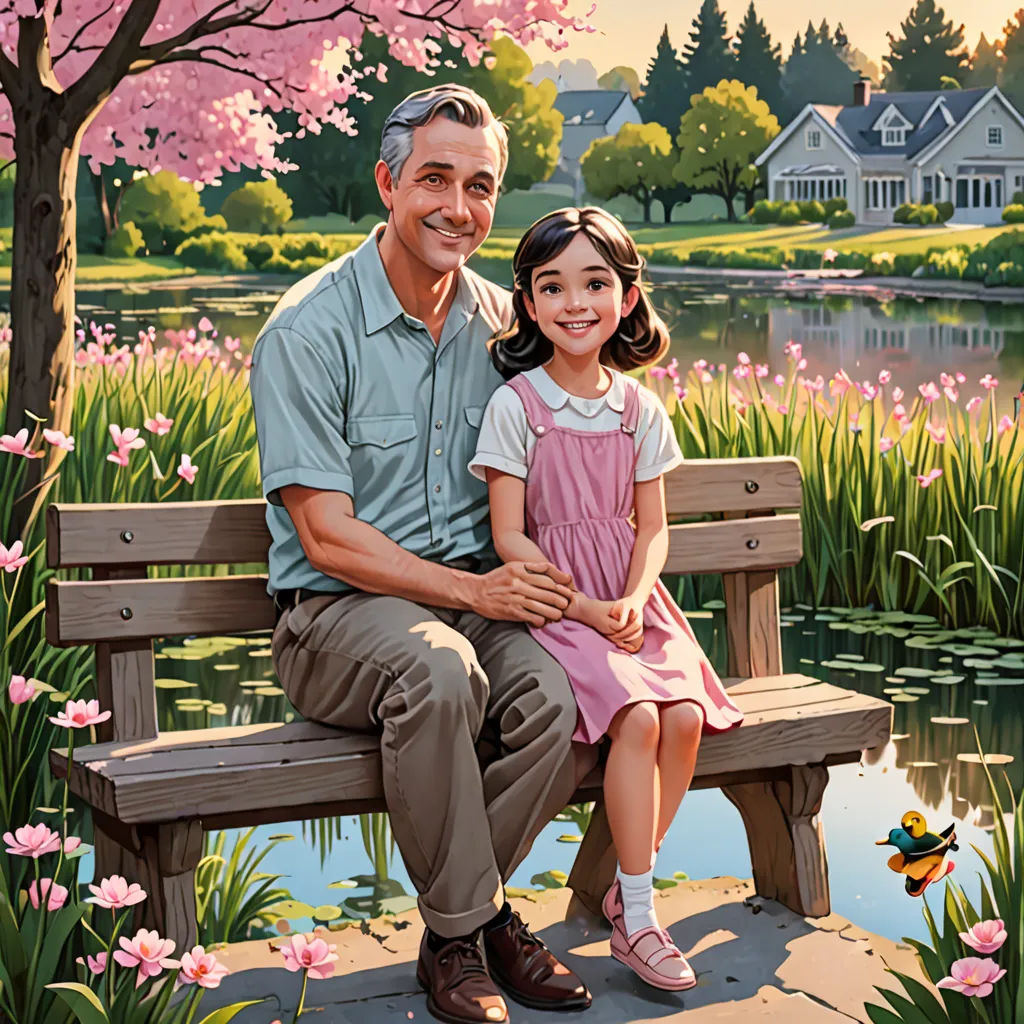a man and a little girl sitting on a bench in front of a pond with pink flowers and a house, american scene painting, a storybook illustration, Bob Byerley, official art