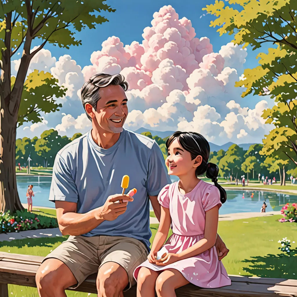 a man and a little girl sitting on a bench together, with a sky background and clouds in the sky, american scene painting, a storybook illustration, Chris LaBrooy, kinkade
