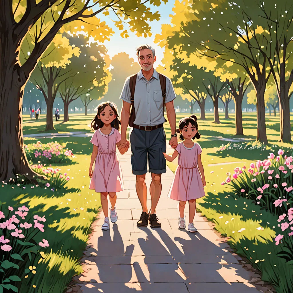 a man and two little girls walking down a path in a park with trees and flowers on either side, american scene painting, a storybook illustration, David Park, rossdraws global illumination