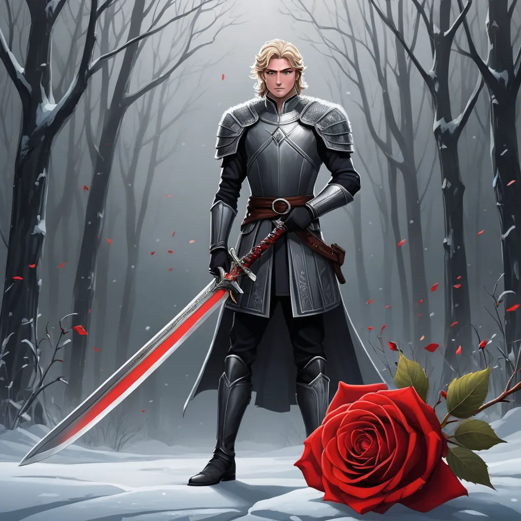a man in a suit of armor holding a sword and a rose in the snow with a rose in front of him, fantasy art, a character portrait, Cedric Seaut (Keos Masons), epic fantasy character art