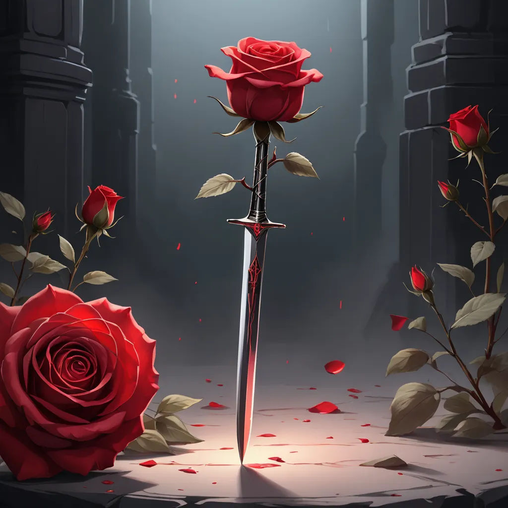 a knife and a rose on a table with petals on it and a light shining through the background with a shadow, fantasy art, concept art, Anne Stokes, roses